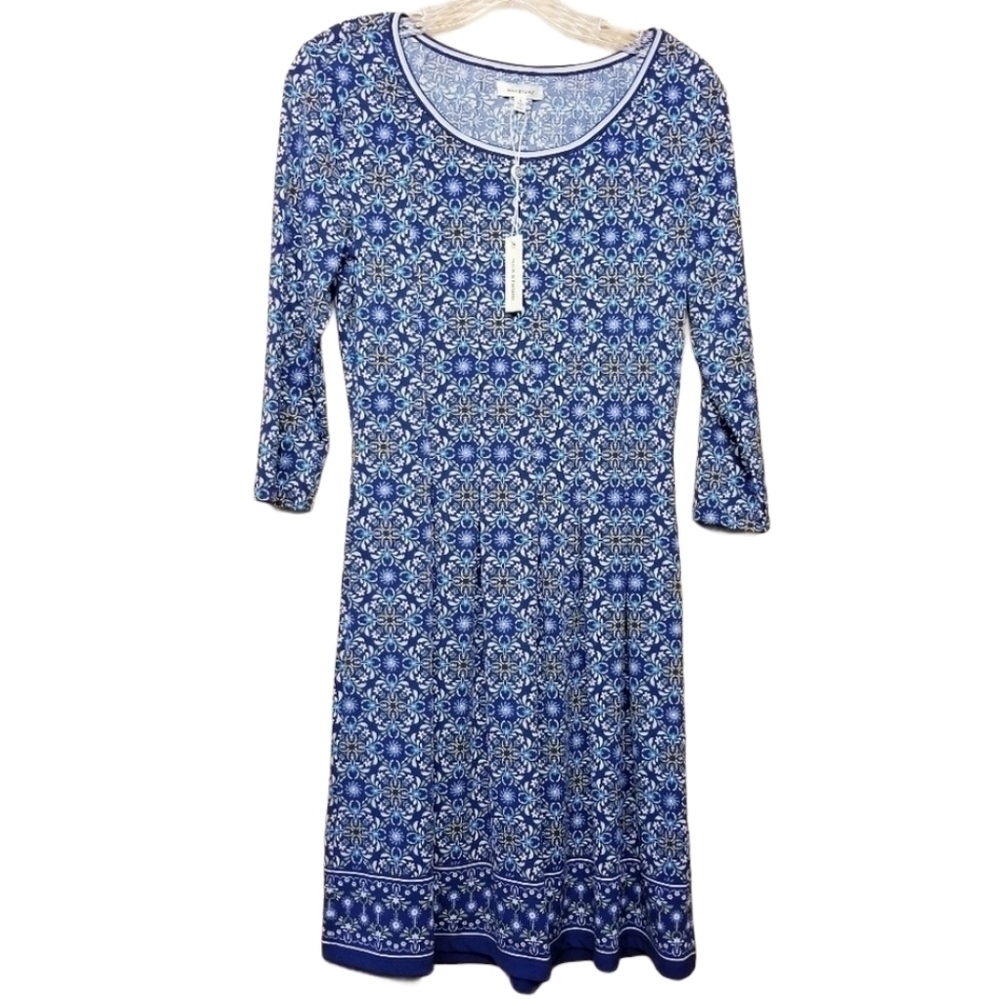 Max Studio | Women's Long Sleeve Blue Floral Fit & Flare Dress (Size Small)